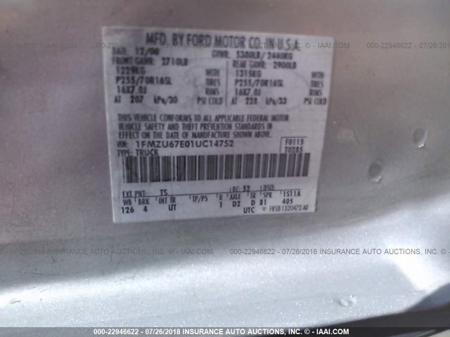 1FMZU67E01UC14752 - 2001 FORD EXPLORER SPORT TR  SILVER photo 9