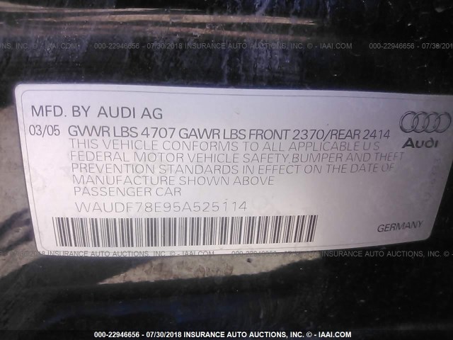 WAUDF78E95A525114 - 2005 AUDI A4 2.0T QUATTRO BLACK photo 9