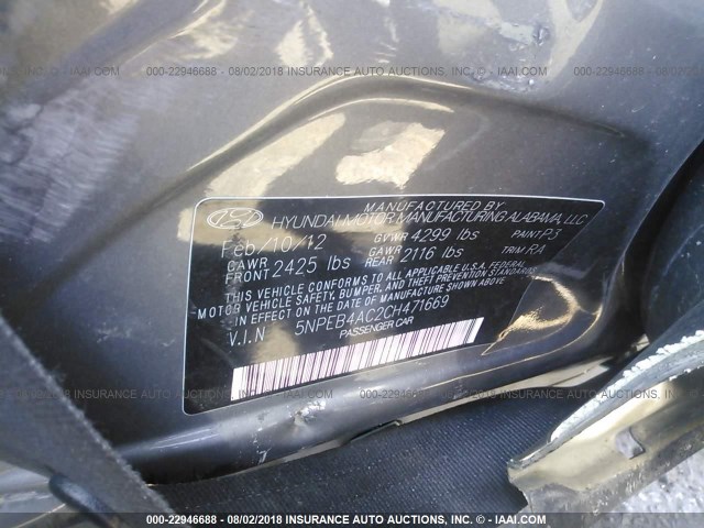 5NPEB4AC2CH471669 - 2012 HYUNDAI SONATA GLS GRAY photo 9