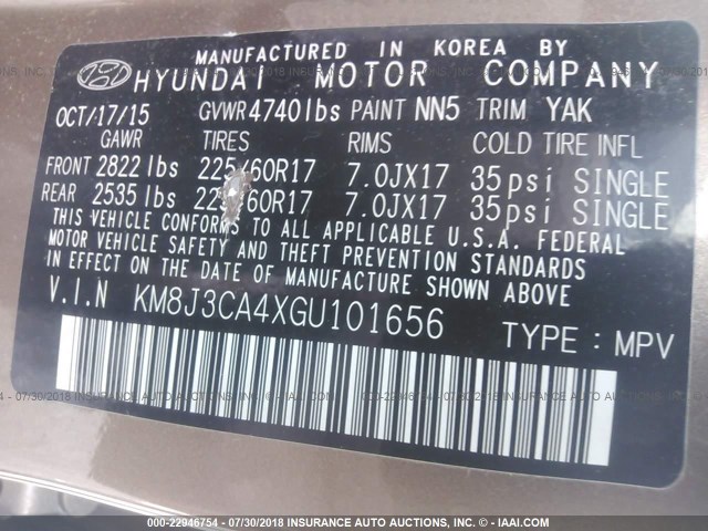 KM8J3CA4XGU101656 - 2016 HYUNDAI TUCSON LIMITED/SPORT AND ECO/SE BROWN photo 9