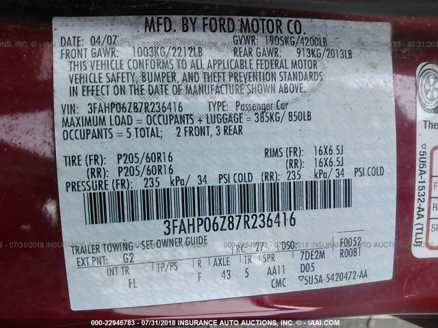 3FAHP06Z87R236416 - 2007 FORD FUSION S RED photo 9