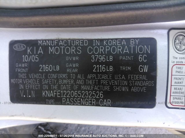 KNAFE122065232526 - 2006 KIA NEW SPECTRA LX/EX SILVER photo 9