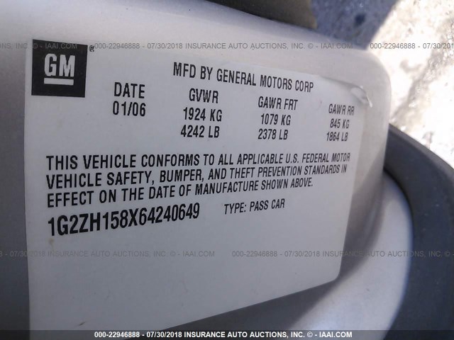 1G2ZH158X64240649 - 2006 PONTIAC G6 GT SILVER photo 9