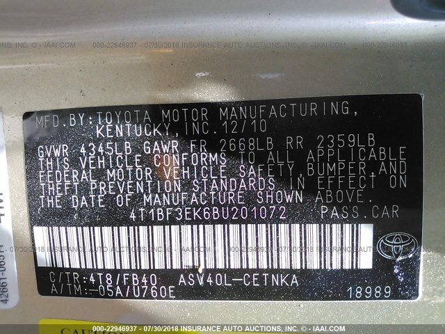 4T1BF3EK6BU201072 - 2011 TOYOTA CAMRY SE/LE/XLE თაფლისფერი ფოტო 9