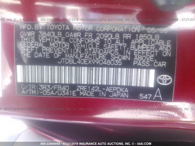 JTDBL40EX99048035 - 2009 TOYOTA COROLLA LE/XLE 红色 照片 9