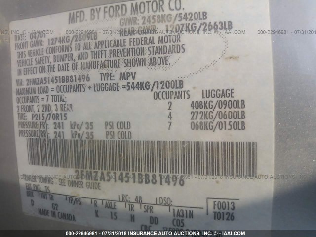 2FMZA51451BB81496 - 2001 FORD WINDSTAR LX SILVER photo 9