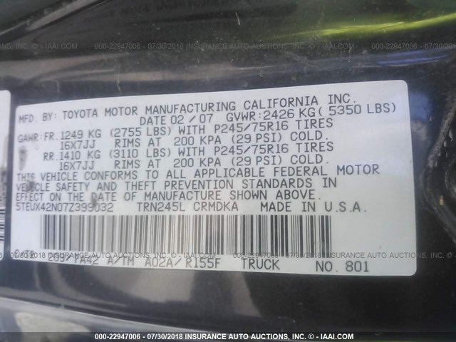 5TEUX42N07Z399032 - 2007 TOYOTA TACOMA ACCESS CAB Սև լուսանկար 9