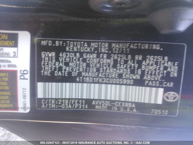 4T1BD1FK3CU005990 - 2012 TOYOTA CAMRY HYBRID/LE/XLE 黑色 照片 9