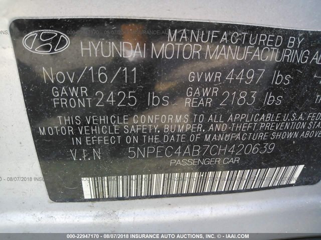 5NPEC4AB7CH420639 - 2012 HYUNDAI SONATA SE/LIMITED SILVER photo 9