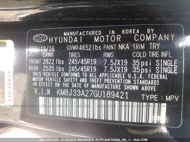 KM8J33A27GU189421 - 2016 HYUNDAI TUCSON LIMITED/SPORT AND ECO/SE BLACK photo 9