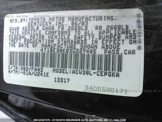 4T1BE30K03U227405 - 2003 TOYOTA CAMRY LE/XLE/SE Qara foto 9