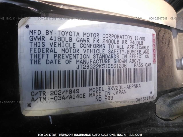 JT2BG22K510561206 - 2001 TOYOTA CAMRY CE/LE/XLE 黑色 照片 9