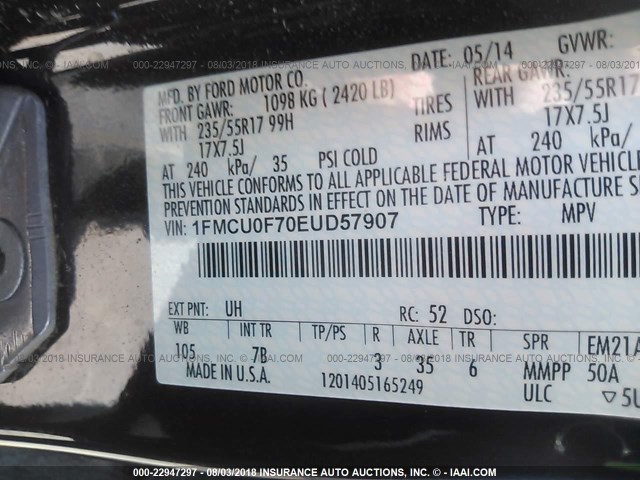 1FMCU0F70EUD57907 - 2014 FORD ESCAPE S BLACK photo 9