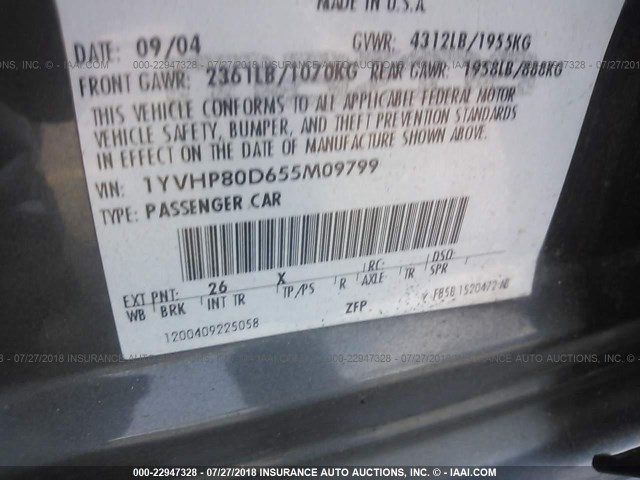 1YVHP80D655M09799 - 2005 MAZDA 6 S GRAY photo 9