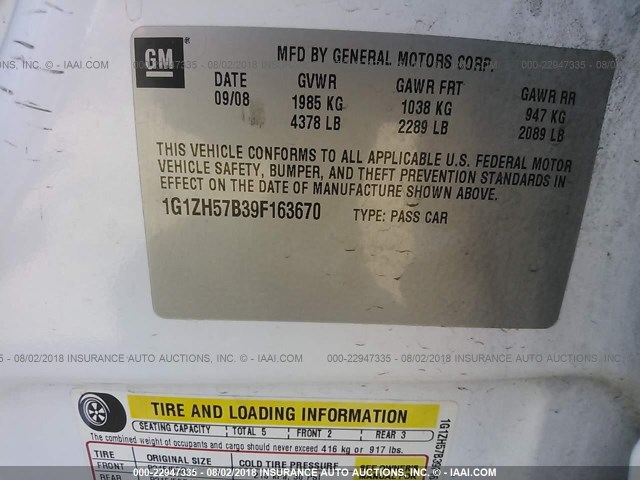 1G1ZH57B39F163670 - 2009 CHEVROLET MALIBU 1LT WHITE photo 9