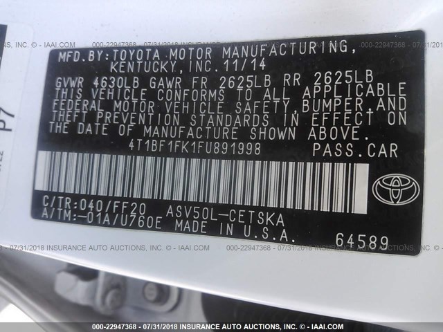 4T1BF1FK1FU891998 - 2015 TOYOTA CAMRY LE/XLE/SE/XSE WHITE photo 9