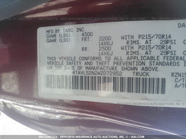 4TAVL52N2WZ072952 - 1998 TOYOTA TACOMA XTRACAB MAROON photo 9