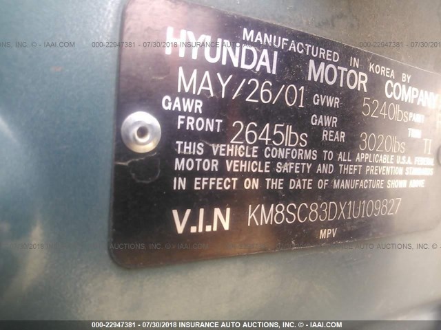 KM8SC83DX1U109827 - 2001 HYUNDAI SANTA FE GLS/LX TEAL photo 9