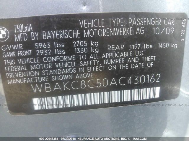 WBAKC8C50AC430162 - 2010 BMW 750 LI/XDRIVE GRAY photo 9