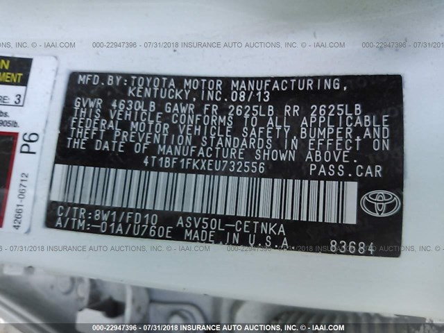 4T1BF1FKXEU732556 - 2014 TOYOTA CAMRY L/SE/LE/XLE თეთრი ფოტო 9