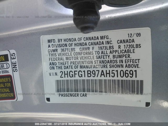 2HGFG1B97AH510691 - 2010 HONDA CIVIC EXL 银色 照片 9