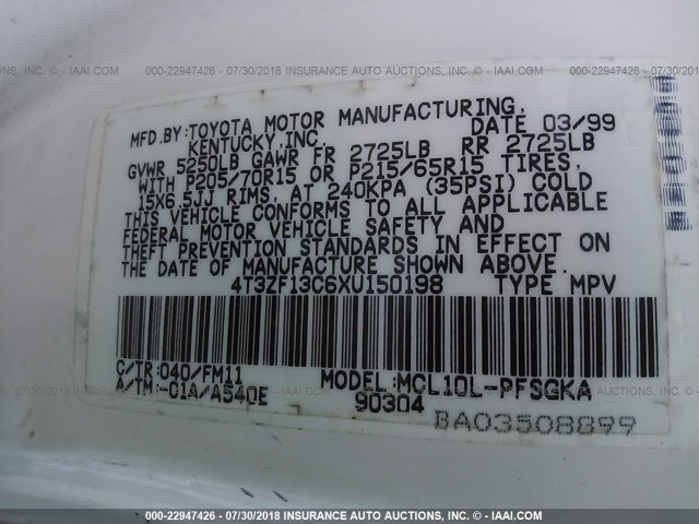 4T3ZF13C6XU150198 - 1999 TOYOTA SIENNA LE/XLE WHITE photo 9