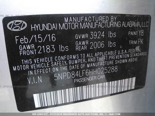 5NPD84LF6HH025288 - 2017 HYUNDAI ELANTRA SE/VALUE/LIMITED SILVER photo 9