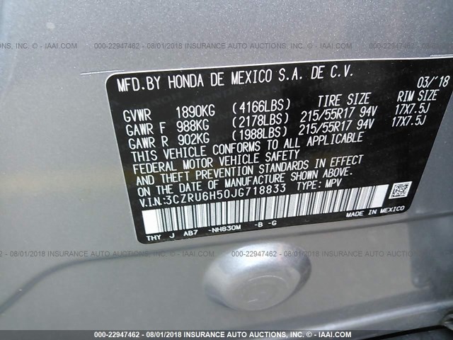 3CZRU6H50JG718833 - 2018 HONDA HR-V EX SILVER photo 9