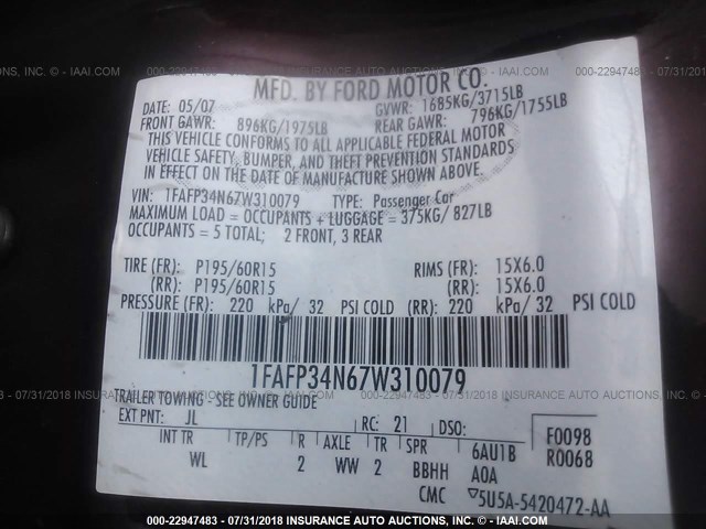 1FAFP34N67W310079 - 2007 FORD FOCUS ZX4/S/SE/SES 栗色 照片 9