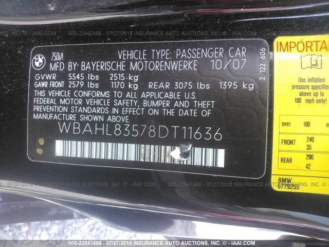 WBAHL83578DT11636 - 2008 BMW 750 I BLACK photo 9