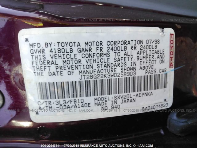 JT2BG22K3W0258903 - 1998 TOYOTA CAMRY CE/LE/XLE 紫色 照片 9