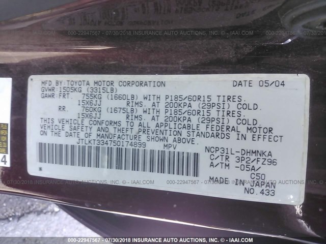 JTLKT334750174899 - 2005 TOYOTA SCION XB Púrpura foto 9