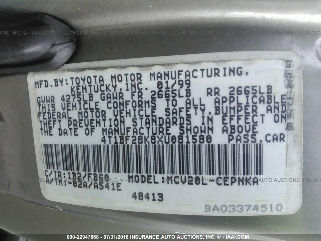 4T1BF28K8XU081580 - 1999 TOYOTA CAMRY LE/XLE GRAY photo 9