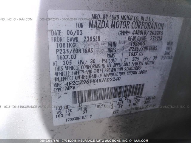 4F2CZ961X4KM02240 - 2004 MAZDA TRIBUTE ES SILVER photo 9