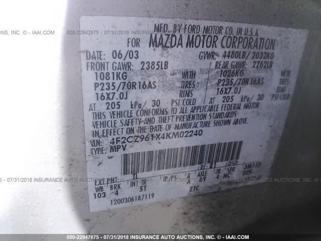 4F2CZ961X4KM02240 - 2004 MAZDA TRIBUTE ES 银色 照片 9