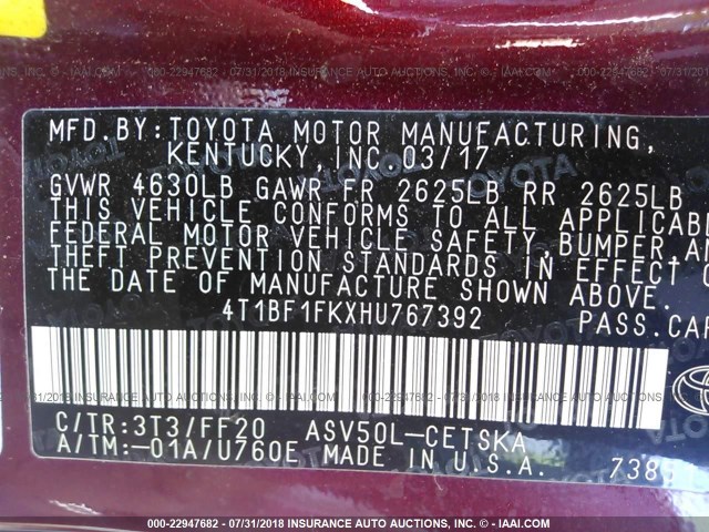4T1BF1FKXHU767392 - 2017 TOYOTA CAMRY LE/XLE/SE/XSE 栗色 照片 9