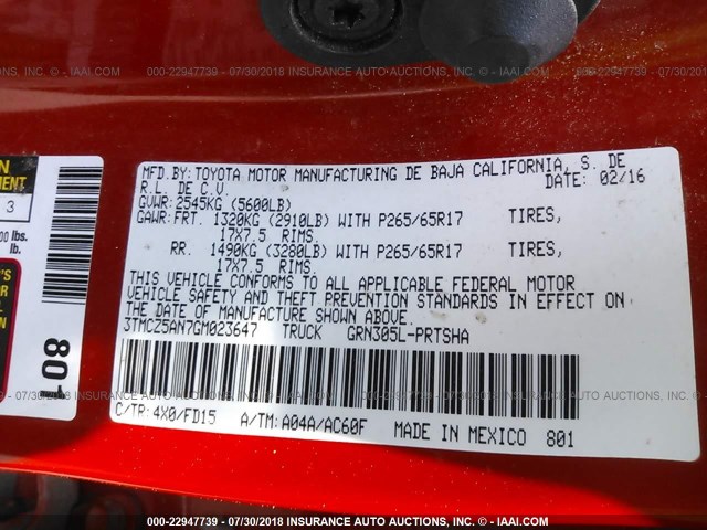 3TMCZ5AN7GM023647 - 2016 TOYOTA TACOMA DBL CAB/SR/SR5/TRD SPT/OR ORANGE photo 9