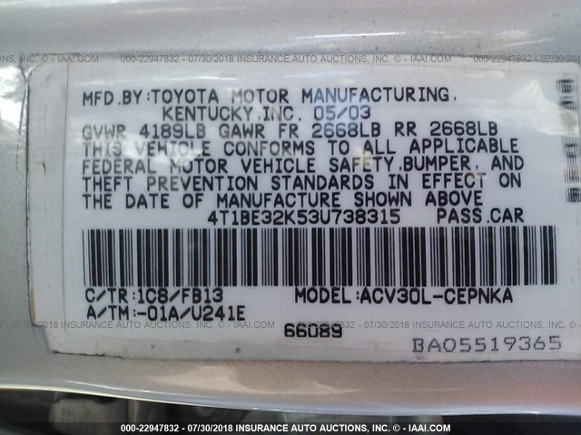 4T1BE32K53U738315 - 2003 TOYOTA CAMRY LE/XLE/SE Şampan foto 9