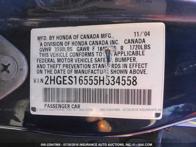2HGES16555H534558 - 2005 HONDA CIVIC LX ლურჯი ფოტო 9