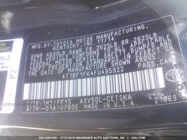 4T1BF1FK4FU495922 - 2015 TOYOTA CAMRY LE/XLE/SE/XSE 蓝色 照片 9