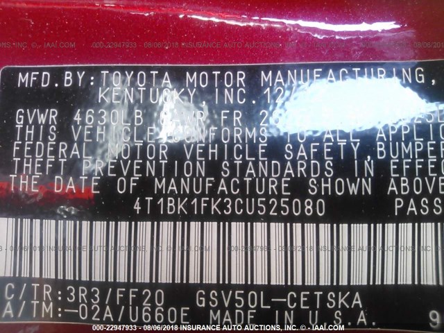 4T1BK1FK3CU525080 - 2012 TOYOTA CAMRY SE/XLE RED photo 9