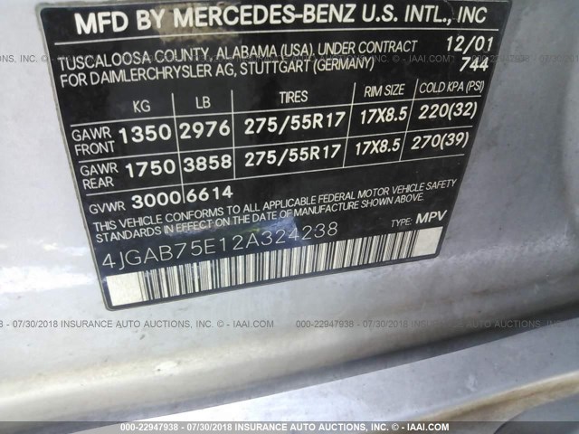 4JGAB75E12A324238 - 2002 MERCEDES-BENZ ML 500 SILVER photo 9