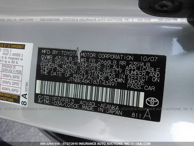 JTNBE46K183143491 - 2008 TOYOTA CAMRY CE/LE/XLE/SE SILVER photo 9