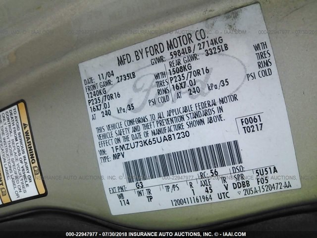 1FMZU73K65UA81230 - 2005 FORD EXPLORER XLT/XLT SPORT/NBX 金色 照片 9