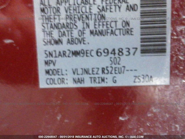 5N1AR2MM9EC694837 - 2014 NISSAN PATHFINDER S/SV/SL/PLATINUM RED photo 9