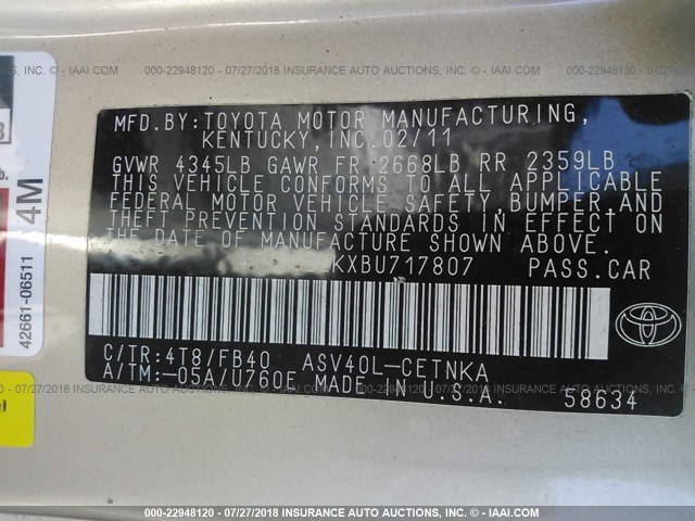 4T1BF3EKXBU717807 - 2011 TOYOTA CAMRY SE/LE/XLE 金色 照片 9