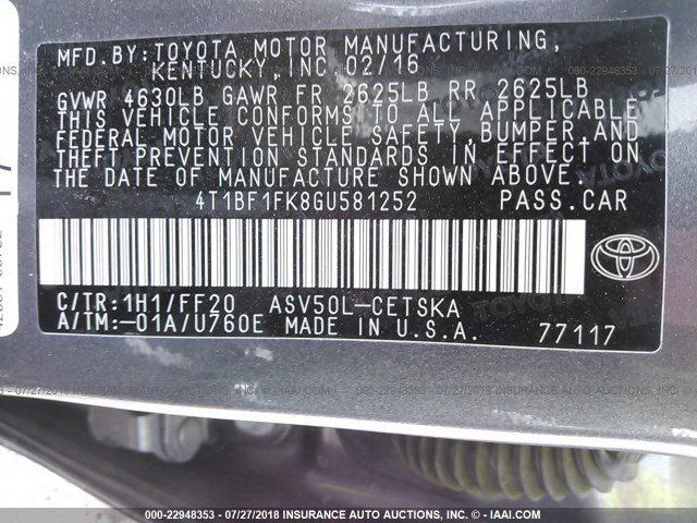 4T1BF1FK8GU581252 - 2016 TOYOTA CAMRY LE/XLE/SE/XSE 灰色 照片 9