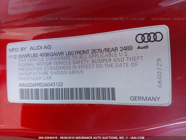 WAUCGAFR5DA043122 - 2013 AUDI S5 PREMIUM PLUS RED photo 9