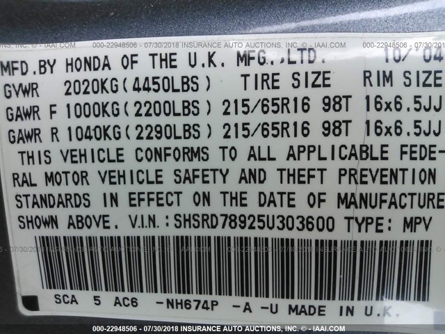 SHSRD78925U303600 - 2005 HONDA CR-V SE/EX GRAY photo 9