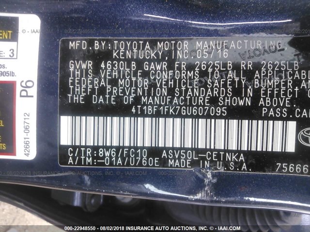 4T1BF1FK7GU607095 - 2016 TOYOTA CAMRY LE/XLE/SE/XSE BLUE photo 9